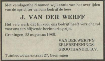 jan van der werff, overlijdensadvertentie werk in 1986.